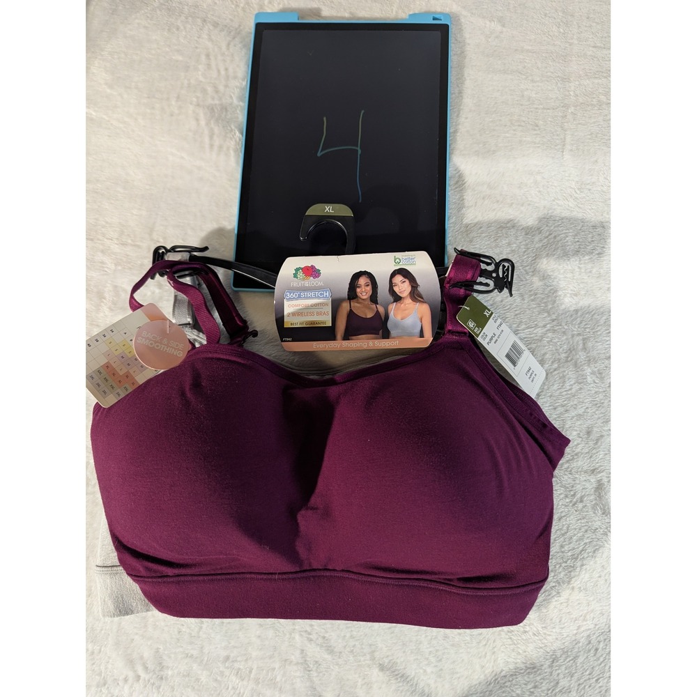 Fruit of the Loom Wireless Bras Womens XL Purple Grey NWT 2-Pack FT942